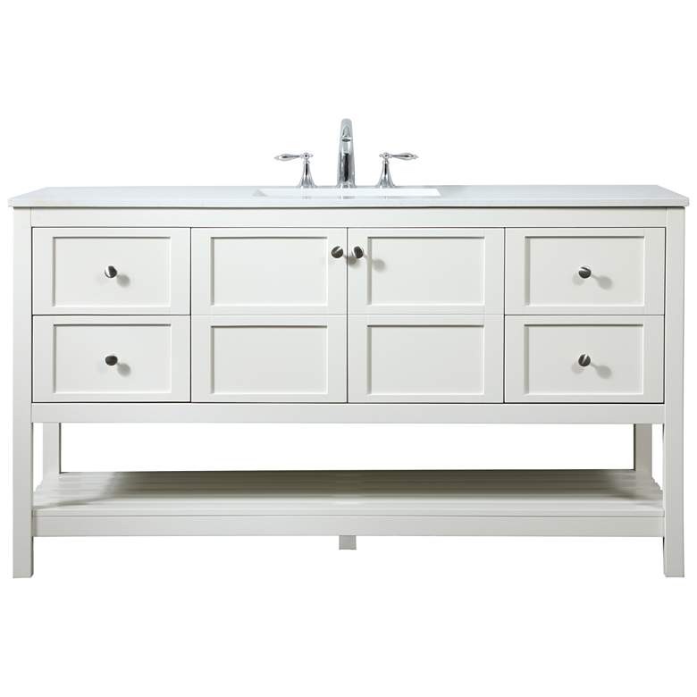 Image 1 60-Inch White Single Sink Bathroom Vanity with Calacatta White Quartz Top