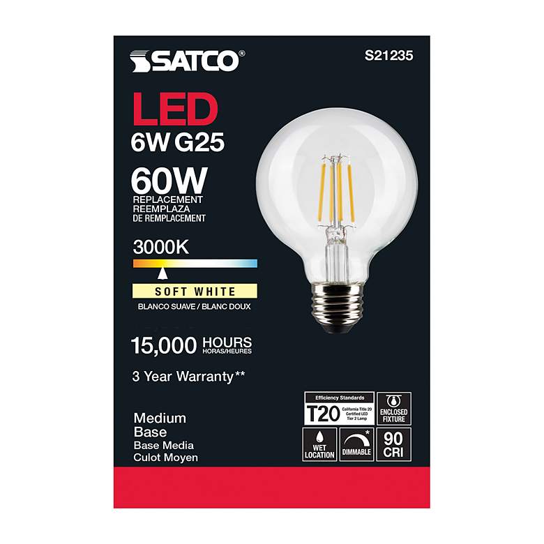 Image 6 60 Watt Equivalent Satco Clear 6W LED Dimmable Standard Bulb more views