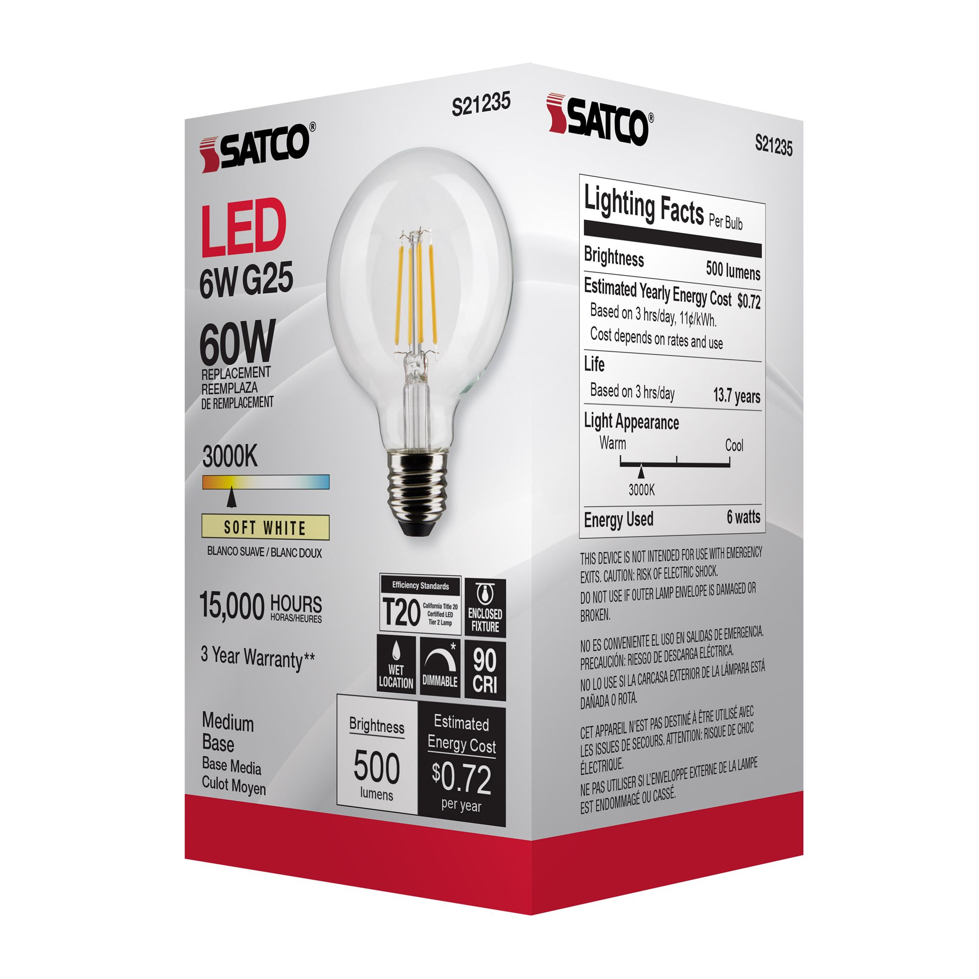 60 Watt Equivalent Satco Clear 6W LED Dimmable Standard Bulb in scene