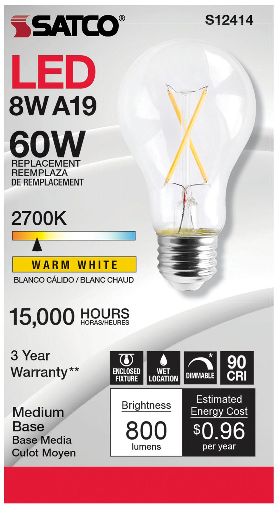 Image 2 60 Watt Equivalent Satco Clear 8W 2700K LED Dimmable E26 A19 Pack of 6 more views