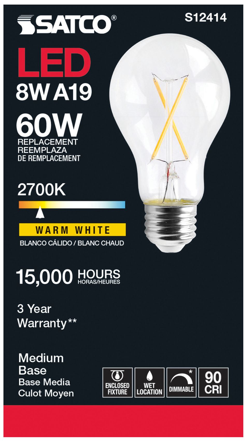 Image 3 60 Watt Equivalent Satco Clear 8W 2700K LED Dimmable E26 A19 Pack of 6 more views