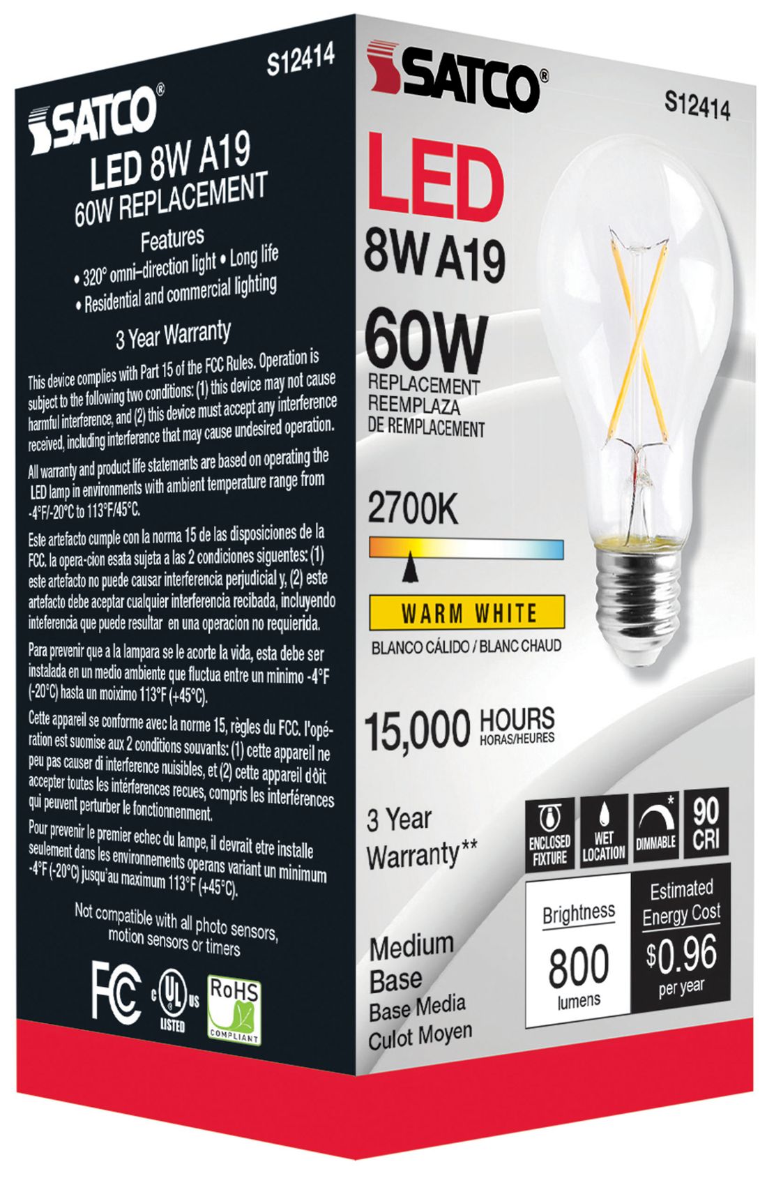 Image 4 60 Watt Equivalent Satco Clear 8W 2700K LED Dimmable E26 A19 Pack of 6 more views