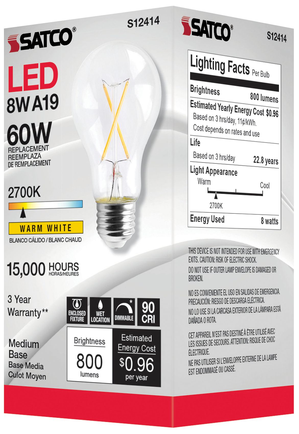 Image 5 60 Watt Equivalent Satco Clear 8W 2700K LED Dimmable E26 A19 Pack of 6 more views