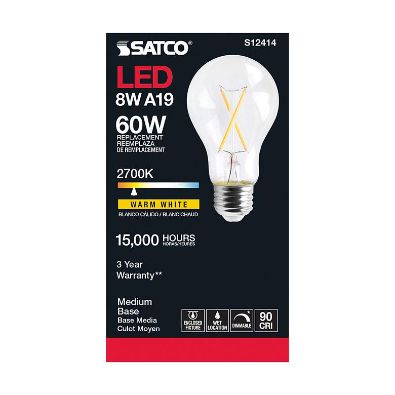 Image 3 60 Watt Equivalent Satco Clear 8W 2700K LED Dimmable E26 A19 more views