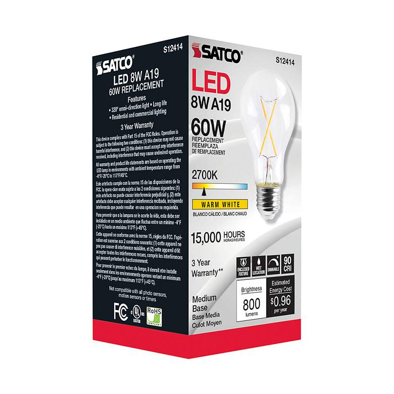 Image 4 60 Watt Equivalent Satco Clear 8W 2700K LED Dimmable E26 A19 more views