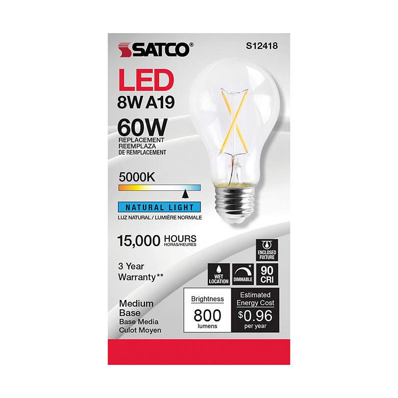 Image 2 60 Watt Equivalent Satco Clear 8W 5000K LED Dimmable E26 A19 more views