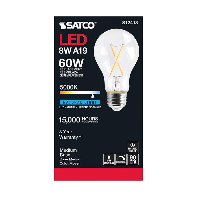 Image 3 60 Watt Equivalent Satco Clear 8W 5000K LED Dimmable E26 A19 more views