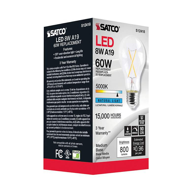 Image 4 60 Watt Equivalent Satco Clear 8W 5000K LED Dimmable E26 A19 more views