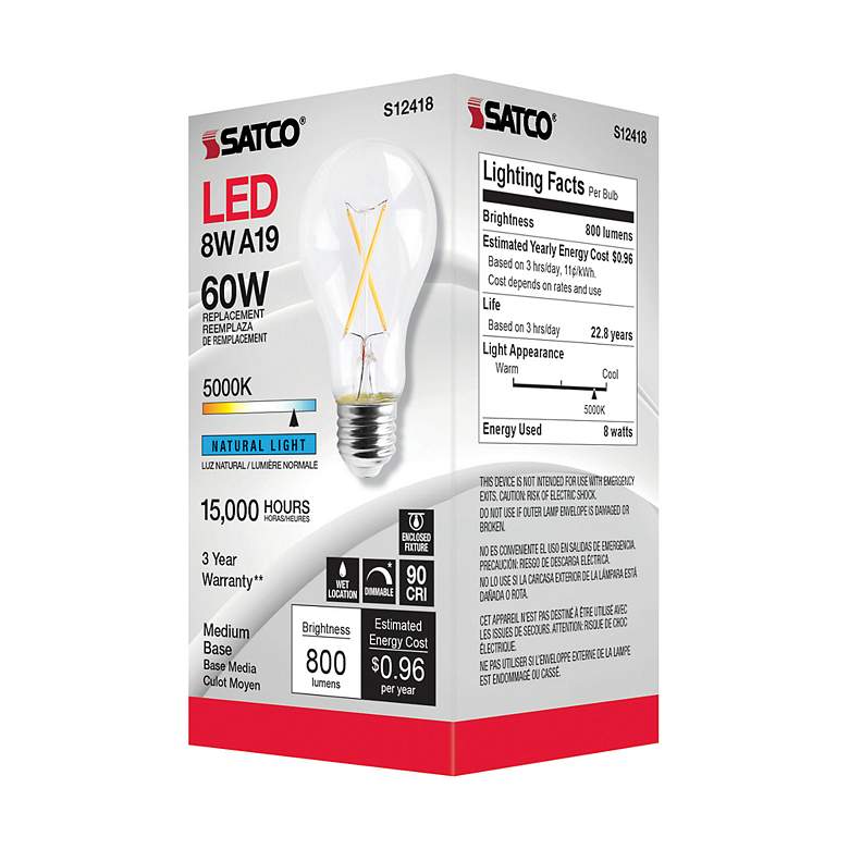 Image 5 60 Watt Equivalent Satco Clear 8W 5000K LED Dimmable E26 A19 more views