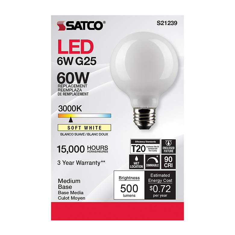 Image 5 60 Watt Equivalent Satco White 6W LED Dimmable Standard Bulb more views