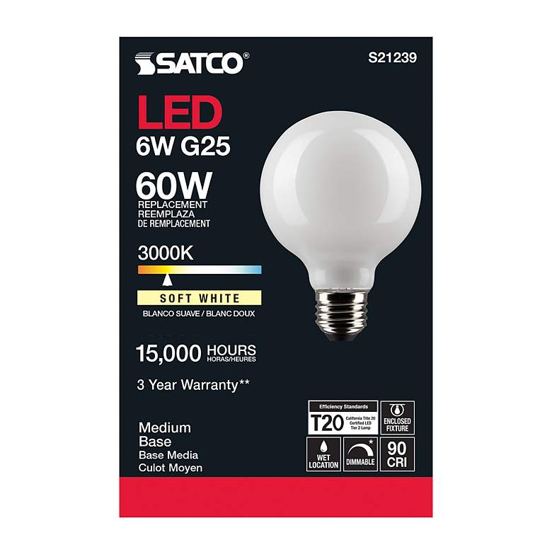 Image 6 60 Watt Equivalent Satco White 6W LED Dimmable Standard Bulb more views