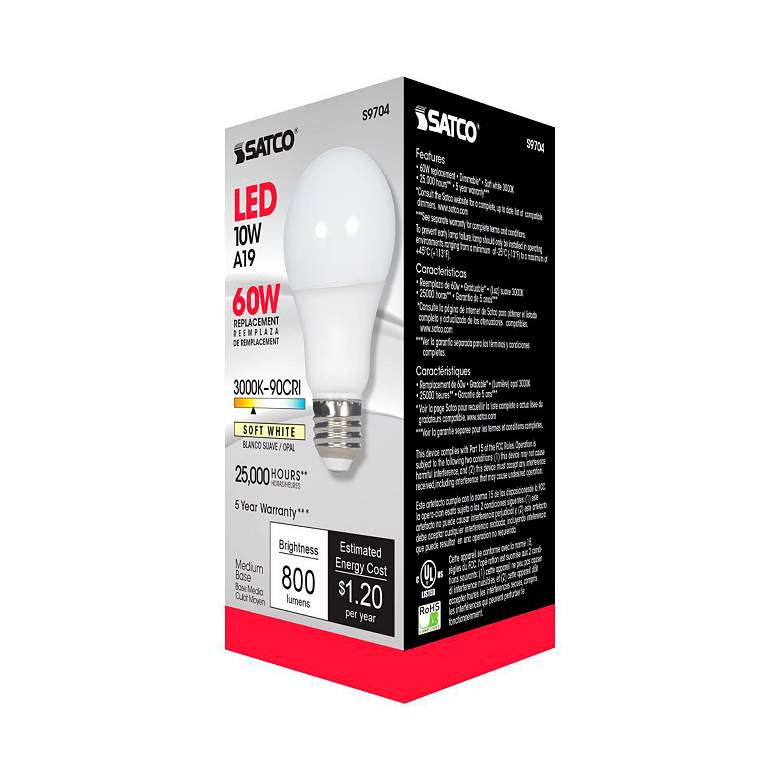 Image 6 60W Equivalent 10W LED Dimmable E26 3000K White A19 Light Bulb by Satco more views