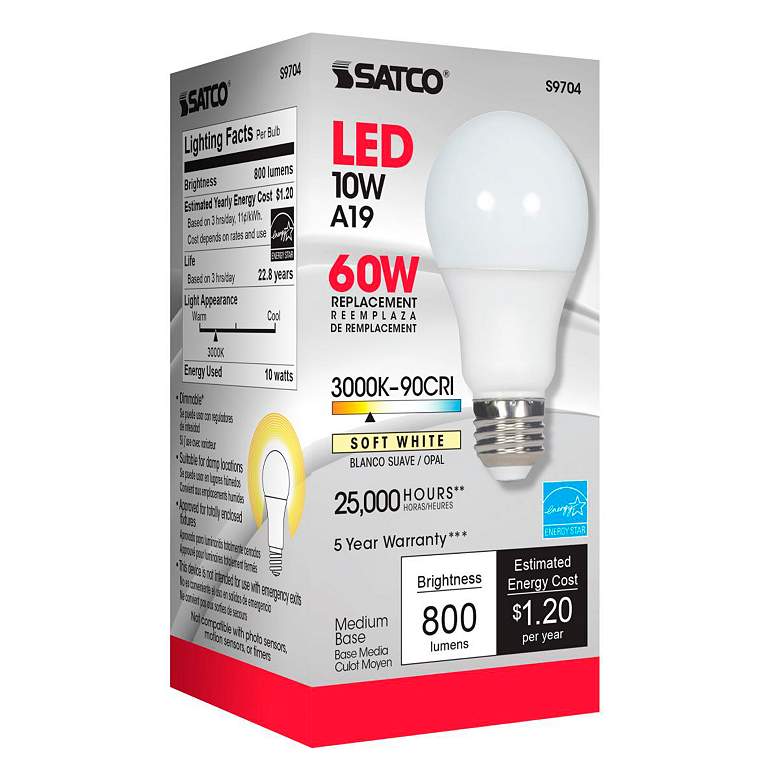 Image 7 60W Equivalent 10W LED Dimmable E26 3000K White A19 Light Bulb by Satco more views