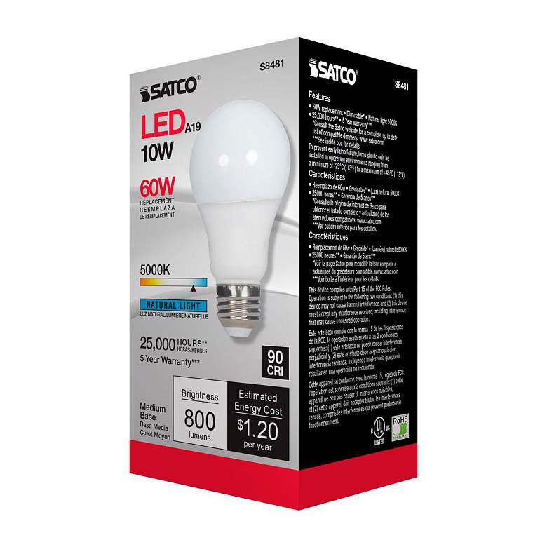 Image 6 60W Equivalent 10W Standard A19 5000K Frosted LED Dimmable Bulb by Satco more views