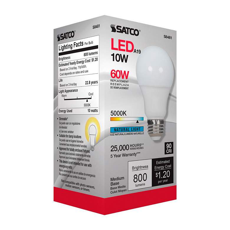 Image 7 60W Equivalent 10W Standard A19 5000K Frosted LED Dimmable Bulb by Satco more views