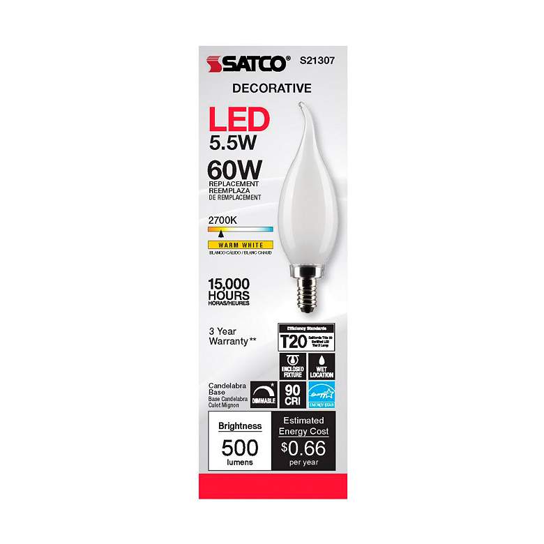 Image 4 60W Equivalent 5.5W 2700K Flame-Tip White LED Candelabra Bulb by Satco more views