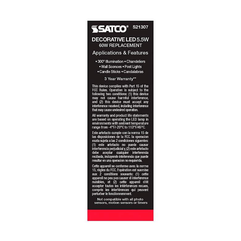 Image 7 60W Equivalent 5.5W 2700K Flame-Tip White LED Candelabra Bulb by Satco more views
