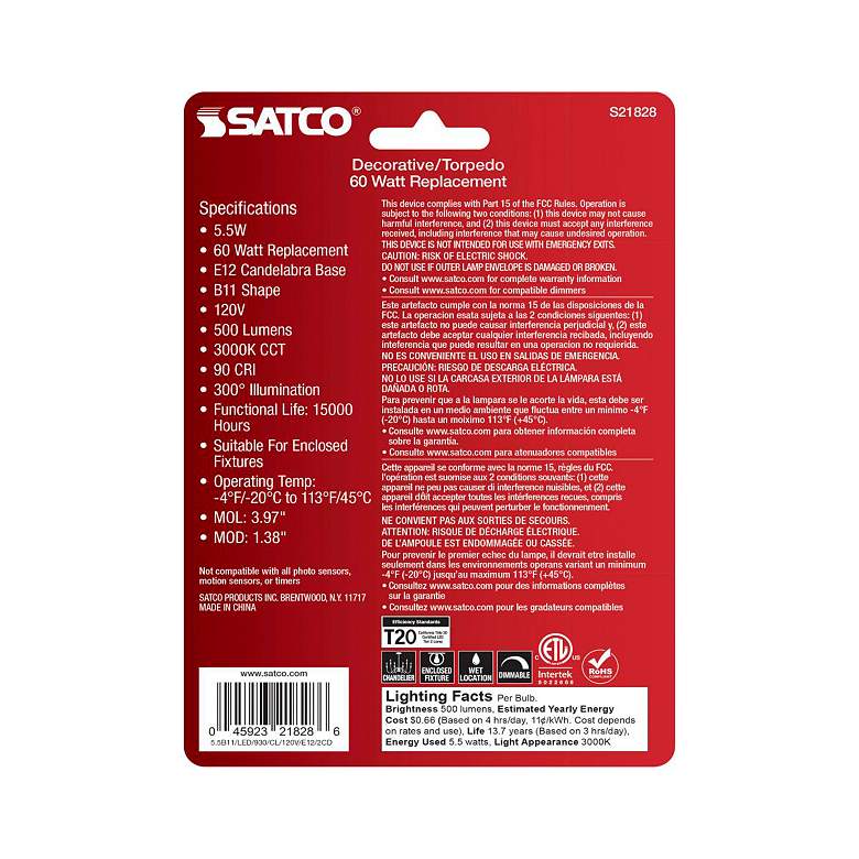 Image 4 60W Equivalent 5.5W 3000K Clear Glass LED Candelabra B11 Bulb by Satco more views