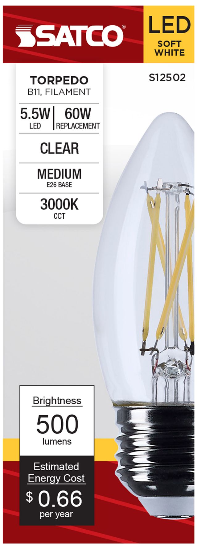 Image 3 60W Equivalent 5.5W Dimmable LED Filament Standard Base Bulb by Satco more views