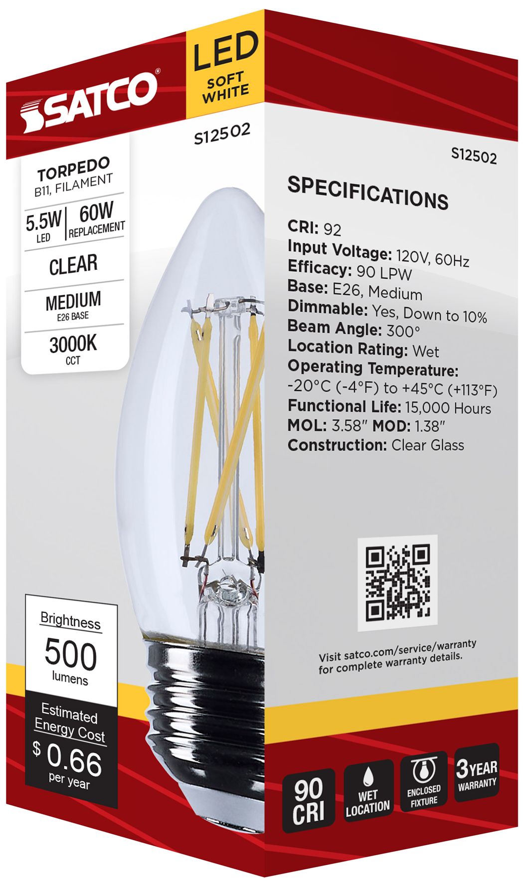 60W Equivalent 5.5W Dimmable LED Filament Standard Base Bulb by Satco