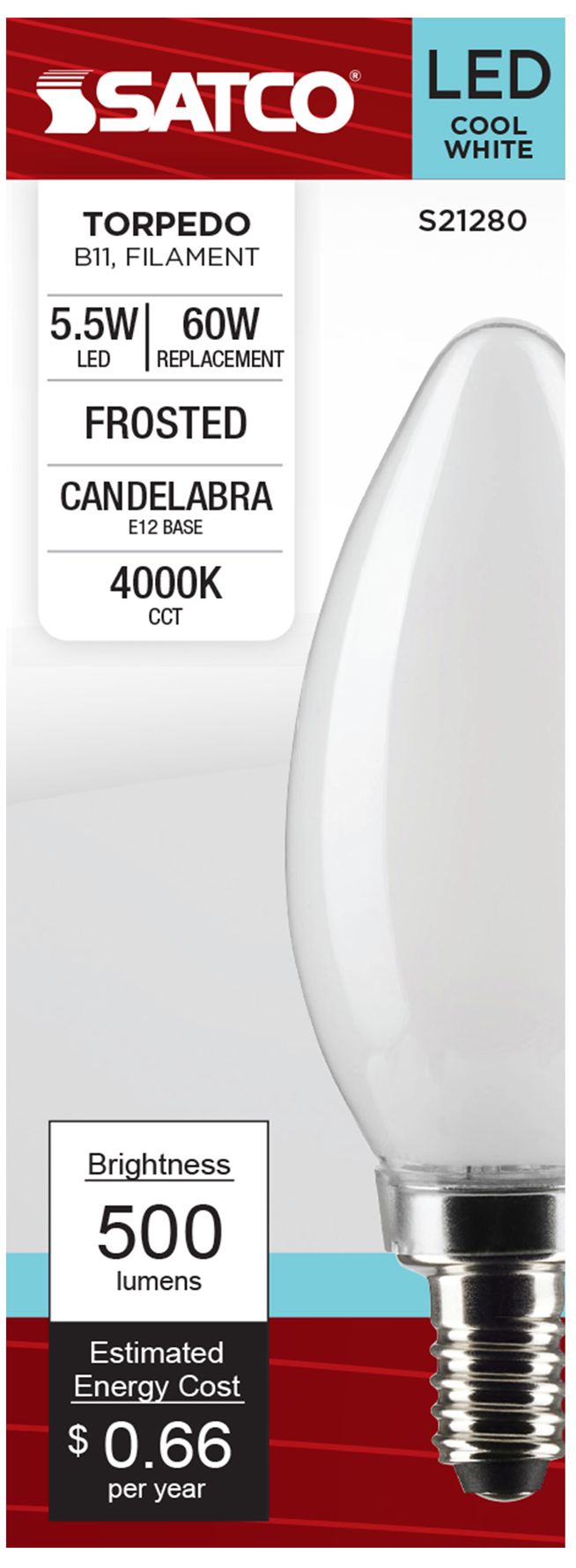 Image 4 60W Equivalent 5.5W LED B11 E12 4000K Dimmable Bulb by Satco more views