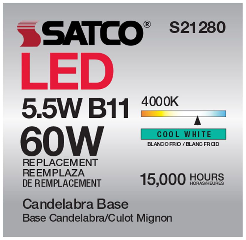 60W Equivalent 5.5W LED B11 E12 4000K Dimmable Bulb by Satco
