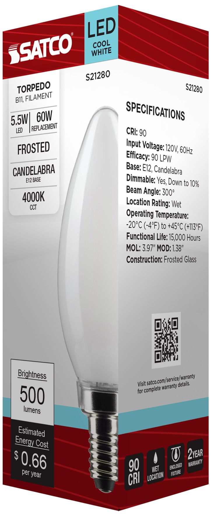 60W Equivalent 5.5W LED B11 E12 4000K Dimmable Bulb by Satco