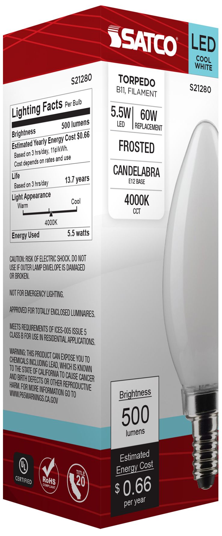 60W Equivalent 5.5W LED B11 E12 4000K Dimmable Bulb by Satco