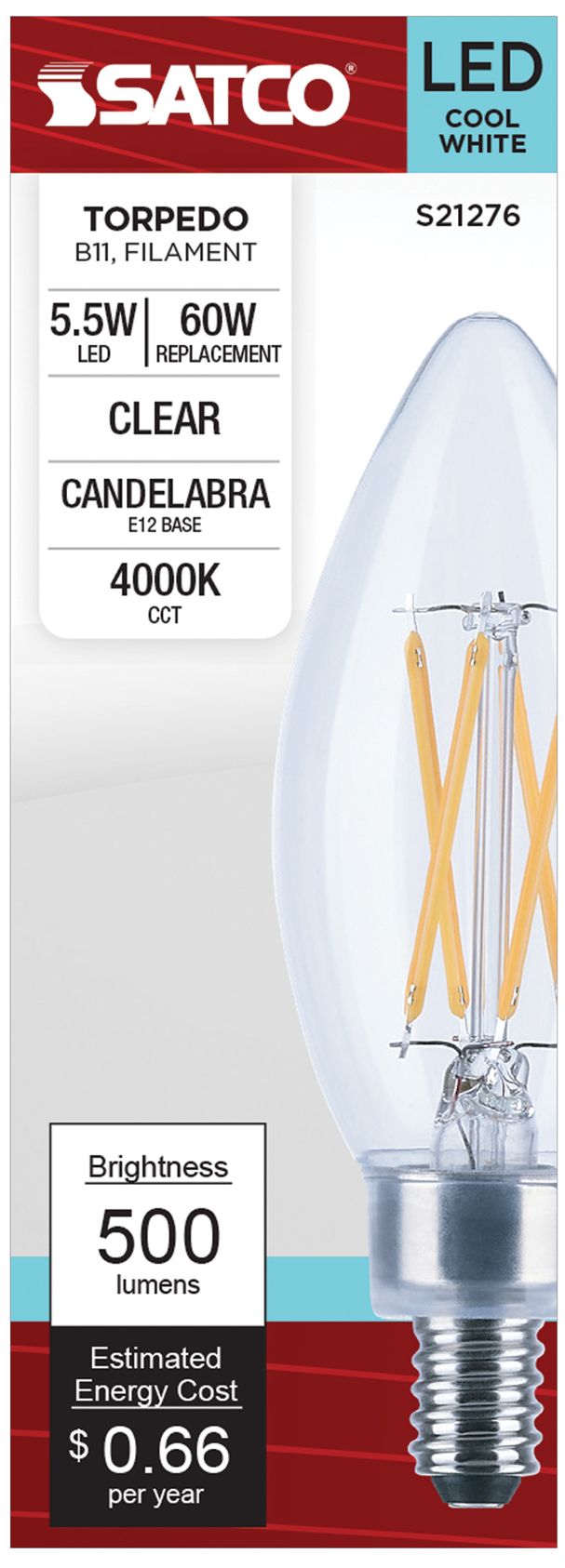 Image 2 60W Equivalent 5.5W LED Candelabra B11 Clear Glass Bulb by Satco more views