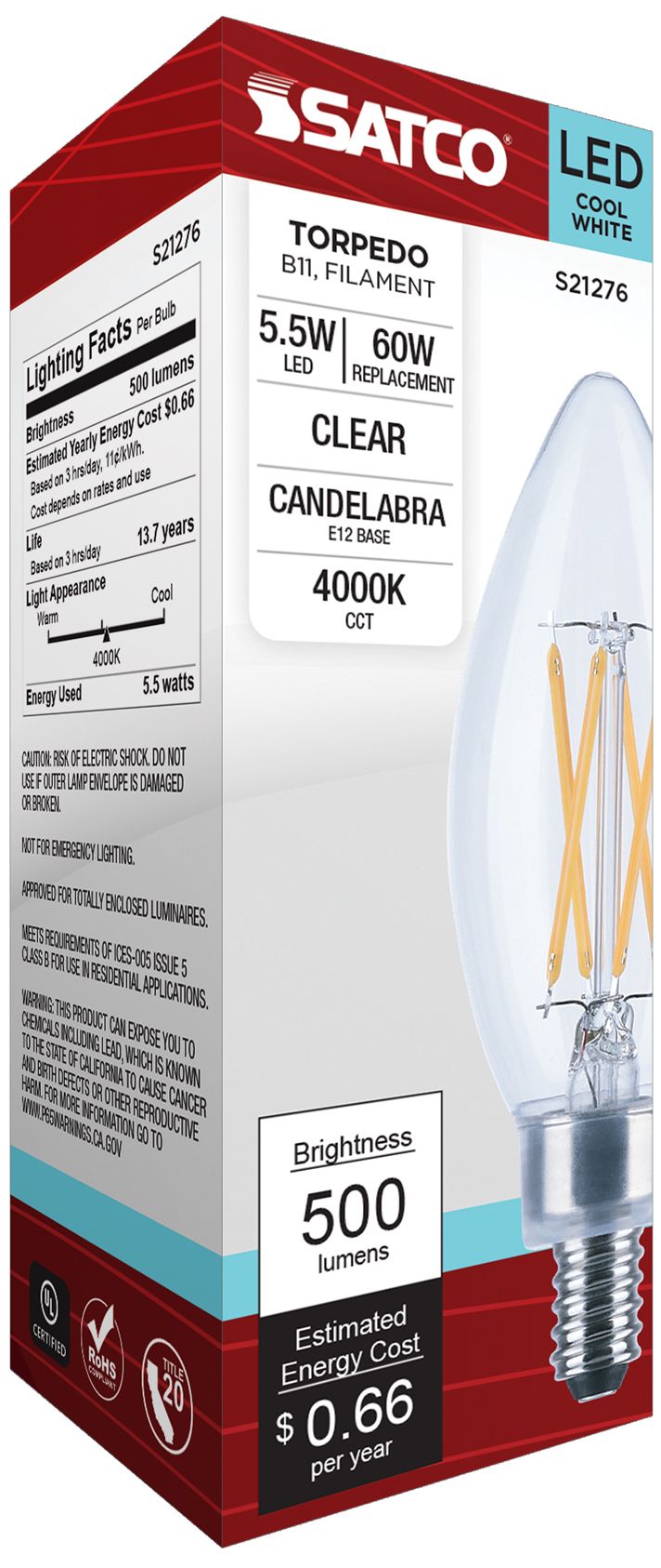 Image 5 60W Equivalent 5.5W LED Candelabra B11 Clear Glass Bulb by Satco more views