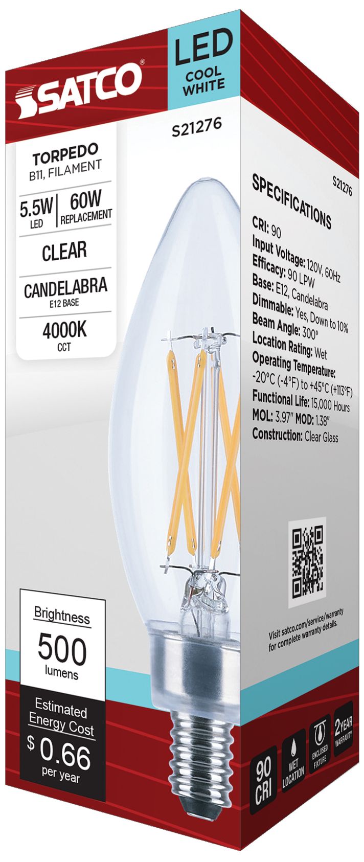 Image 6 60W Equivalent 5.5W LED Candelabra B11 Clear Glass Bulb by Satco more views
