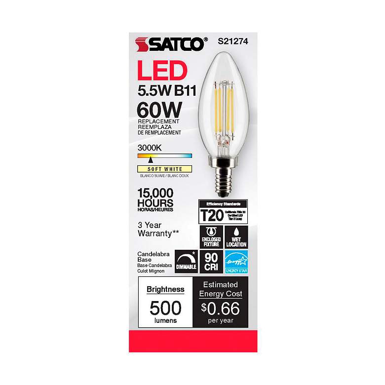 Image 4 60W Equivalent 5.5W LED Candelabra B11 Clear Glass Torpedo Bulb by Satco more views