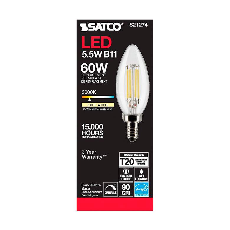 Image 5 60W Equivalent 5.5W LED Candelabra B11 Clear Glass Torpedo Bulb by Satco more views