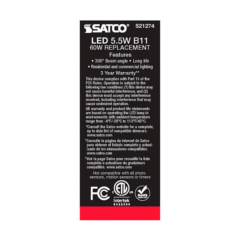 Image 7 60W Equivalent 5.5W LED Candelabra B11 Clear Glass Torpedo Bulb by Satco more views