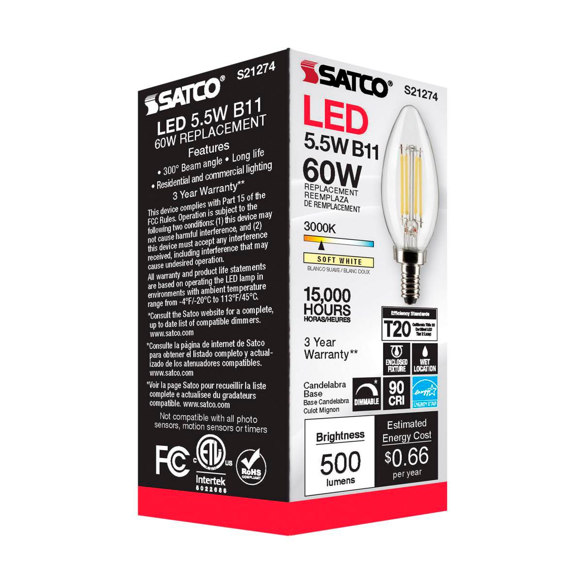 60W Equivalent 5.5W LED Candelabra B11 Clear Glass Torpedo Bulb by Satco in scene