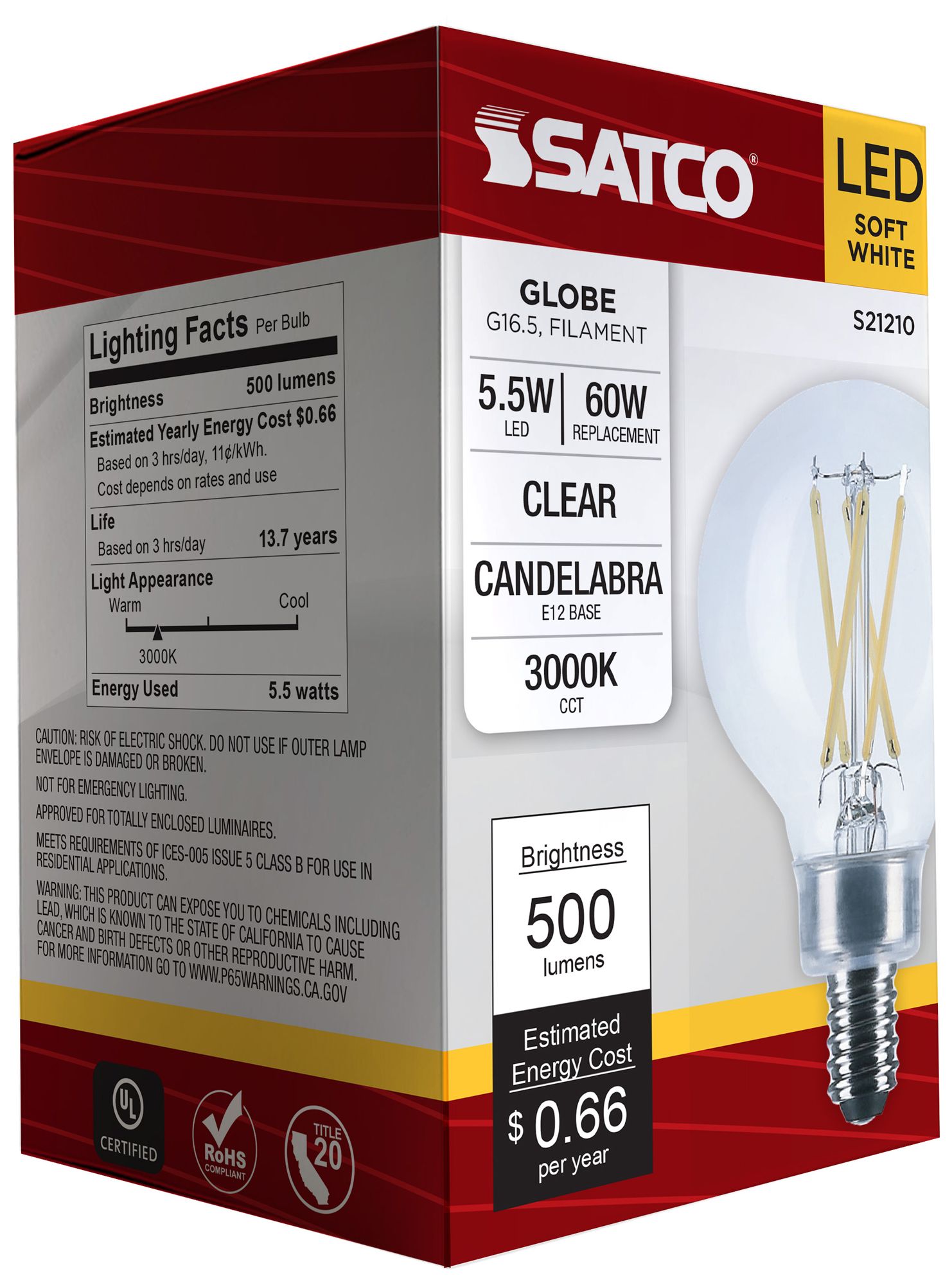 Image 7 60W Equivalent 5.5W LED Dimmable E12 3000K Clear G16.5 Light Bulb by Satco more views