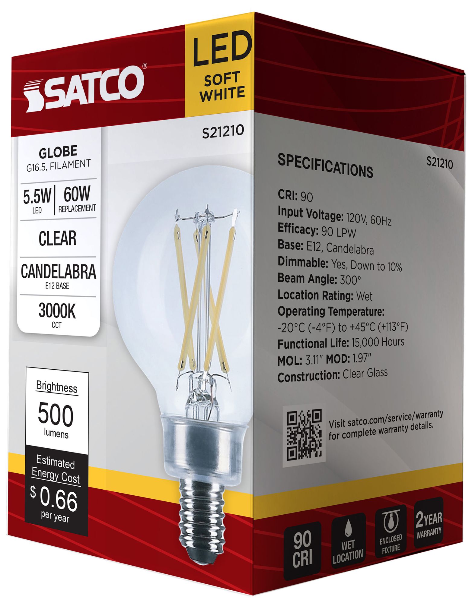 60W Equivalent 5.5W LED Dimmable E12 3000K Clear G16.5 Light Bulb by Satco