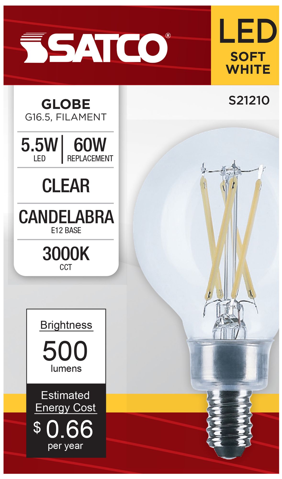 60W Equivalent 5.5W LED Dimmable E12 3000K Clear G16.5 Light Bulb by Satco