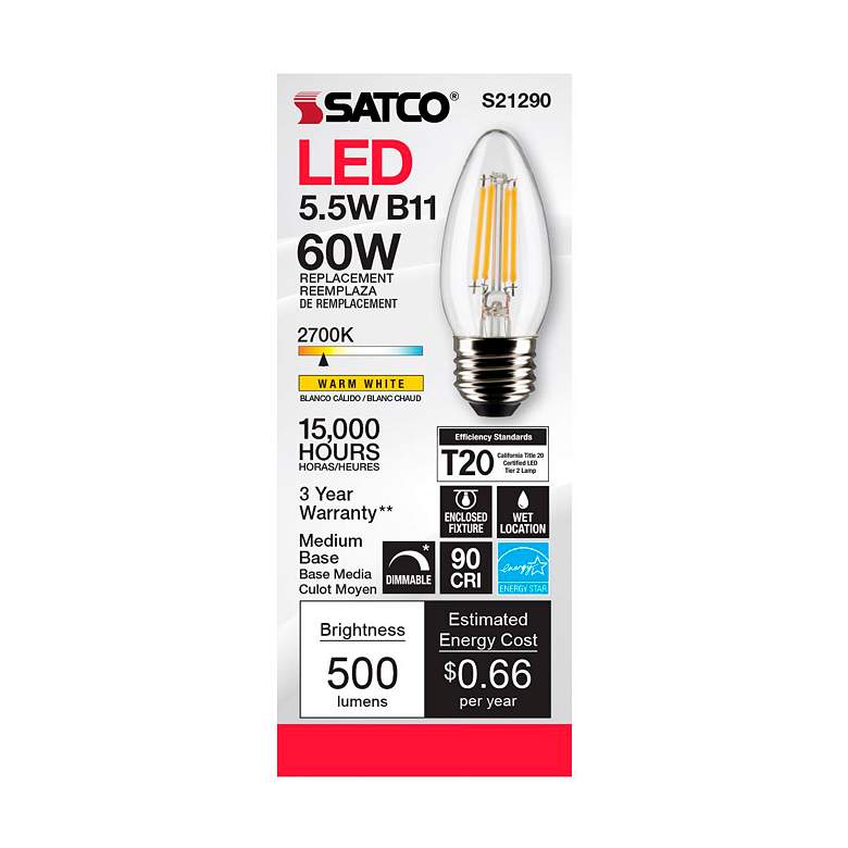 Image 4 60W Equivalent 5.5W LED Medium Base Clear B11 Candle Light Bulb by Satco more views
