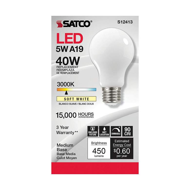 Image 2 60W Equivalent 5W LED Dimmable E26 3000K White A19 Light Bulb by Satco more views