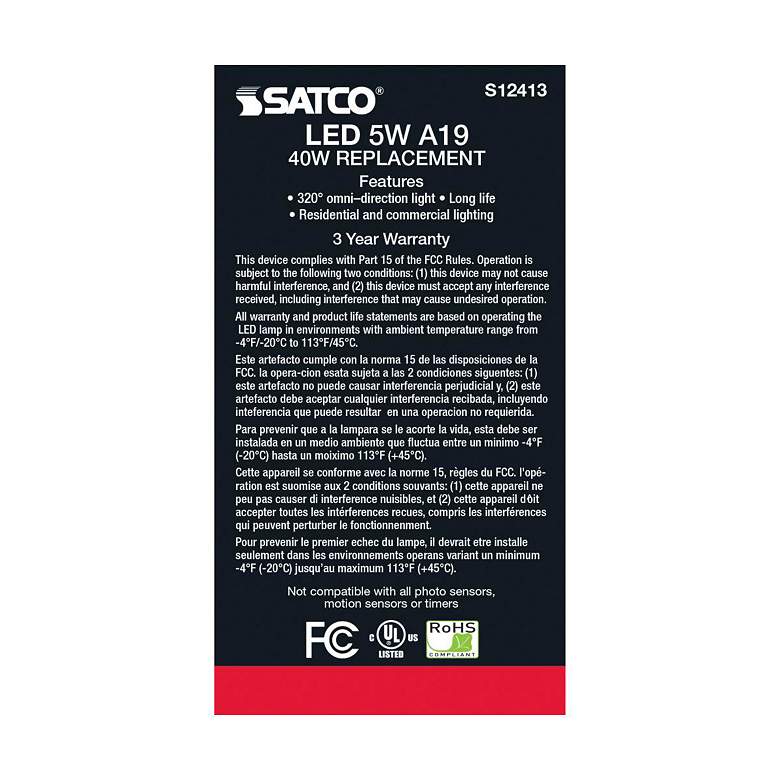 Image 3 60W Equivalent 5W LED Dimmable E26 3000K White A19 Light Bulb by Satco more views