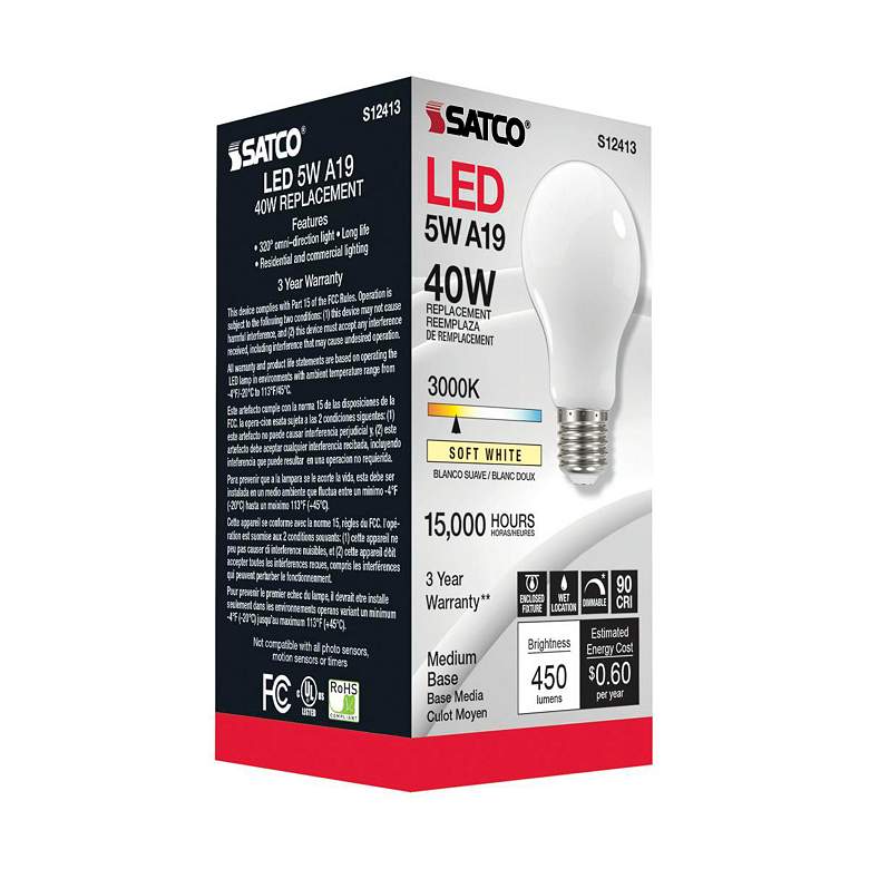 Image 4 60W Equivalent 5W LED Dimmable E26 3000K White A19 Light Bulb by Satco more views