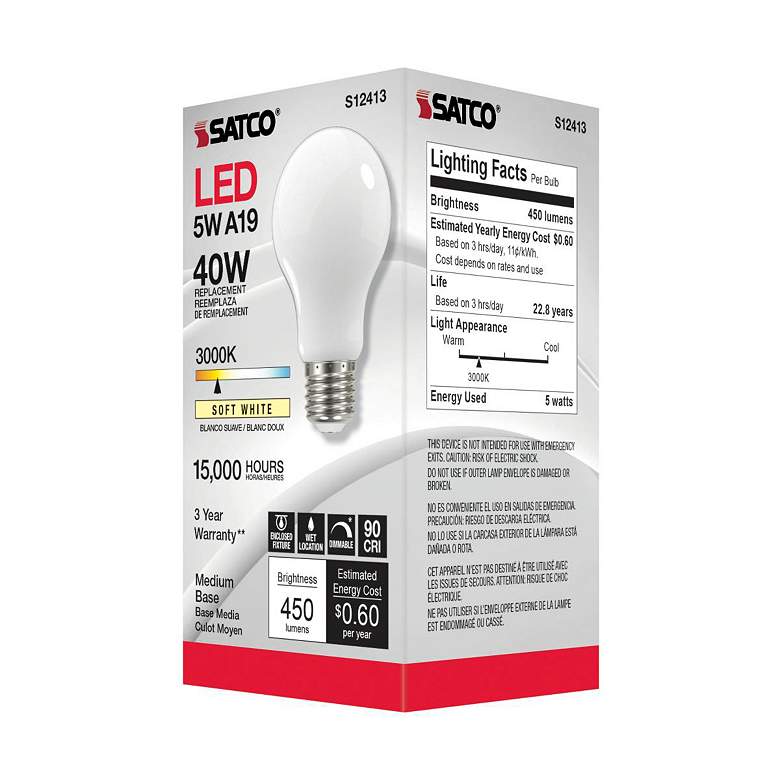 Image 5 60W Equivalent 5W LED Dimmable E26 3000K White A19 Light Bulb by Satco more views