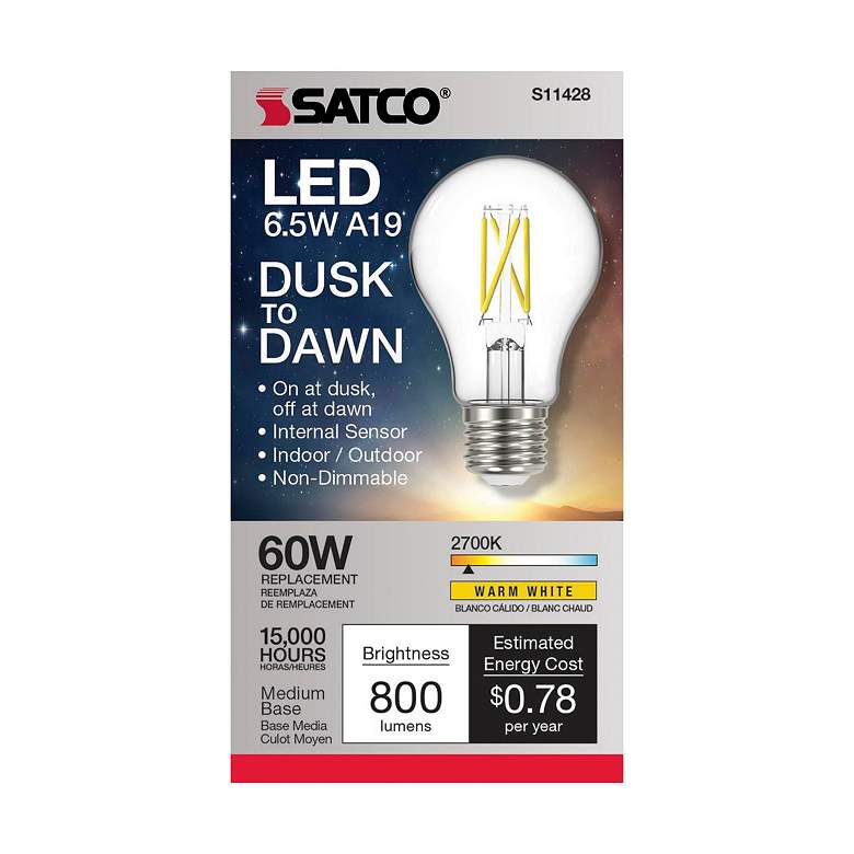 Image 2 60W Equivalent 6.5W LED Standard Clear Glass Dusk to Dawn Bulb by Satco more views