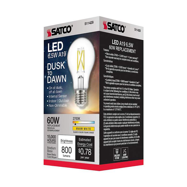 Image 4 60W Equivalent 6.5W LED Standard Clear Glass Dusk to Dawn Bulb by Satco more views