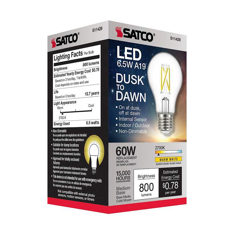 Image 5 60W Equivalent 6.5W LED Standard Clear Glass Dusk to Dawn Bulb by Satco more views