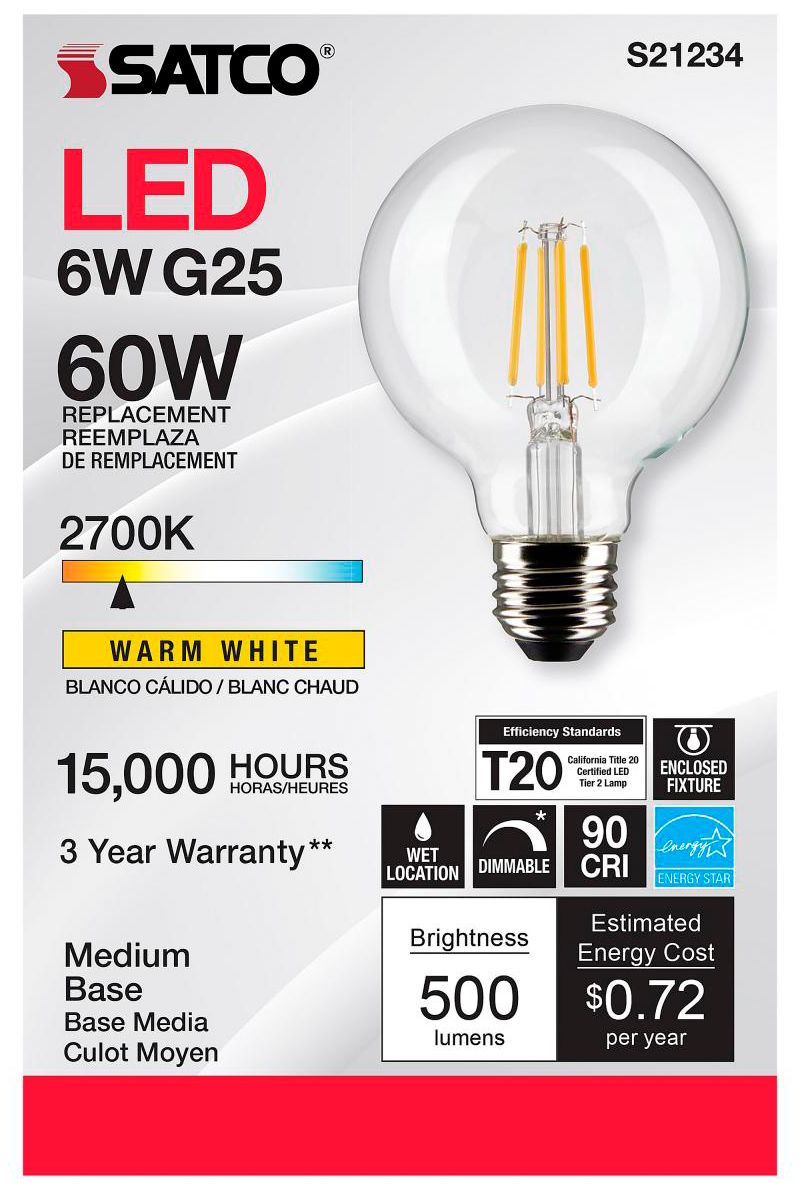 Image 4 60W Equivalent 6W 2700K Dimmable Clear G25 Globe Bulb by Satco Pack of 6 more views