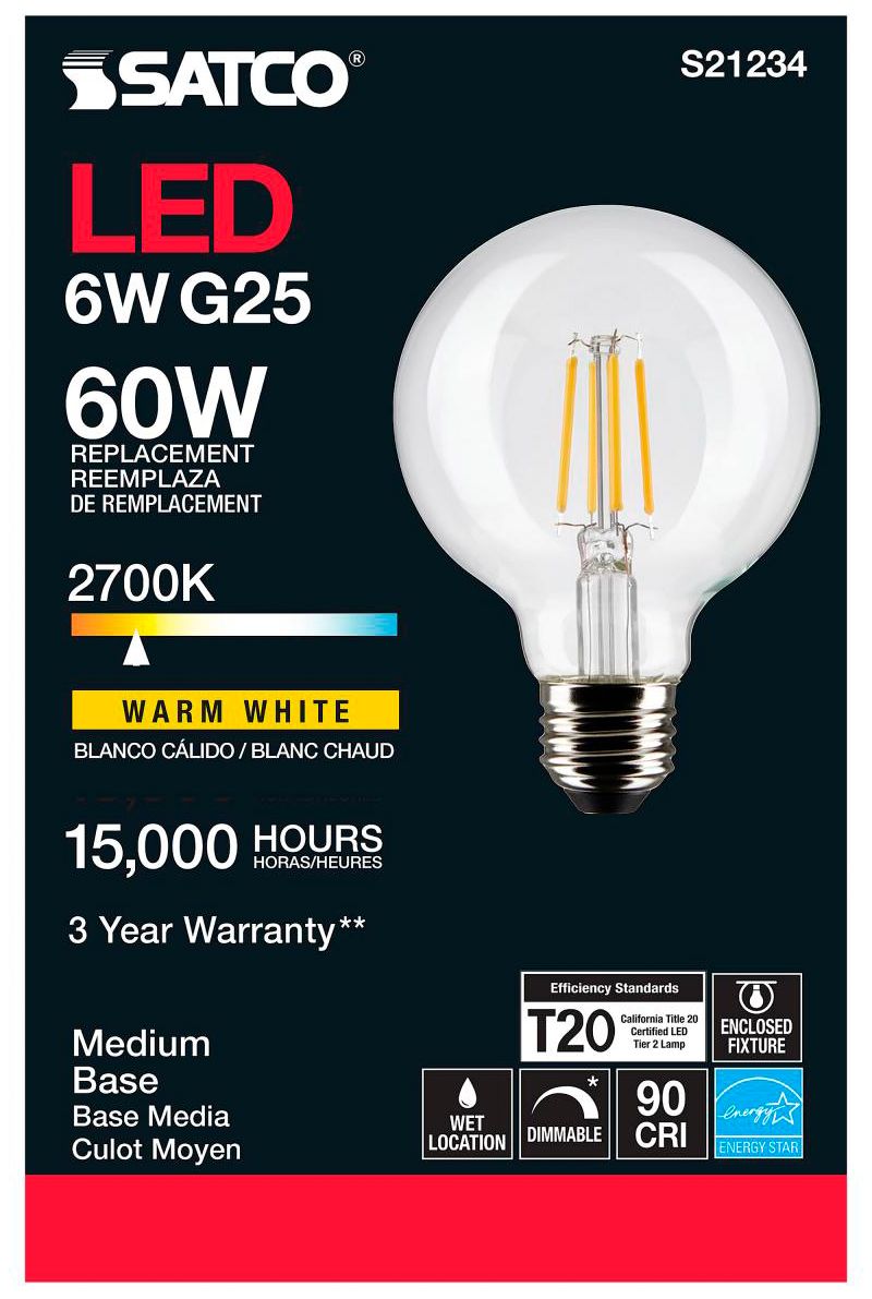 Image 5 60W Equivalent 6W 2700K Dimmable Clear G25 Globe Bulb by Satco Pack of 6 more views