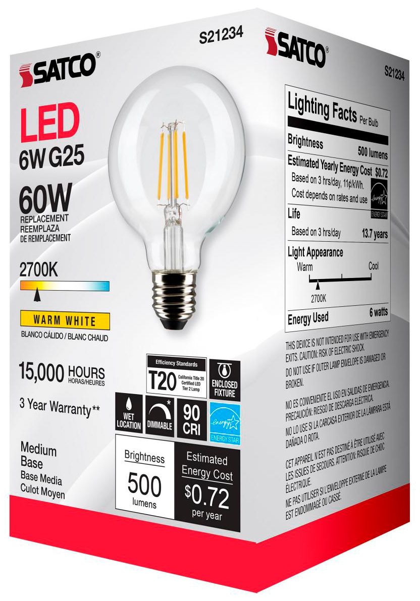 60W Equivalent 6W 2700K Dimmable Clear G25 Globe Bulb by Satco Pack of 6