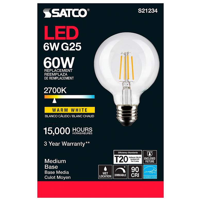 Image 6 60W Equivalent 6W 2700K Dimmable Clear G25 Globe Standard Bulb by Satco more views